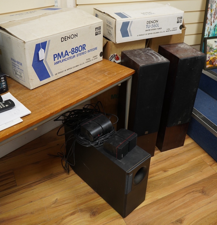 A pair of Monitor 14 loudspeakers, a Denon PMA-880R amplifier, a Denon TU-560L AM-FM tuner, a Bose subwoofer and a pair Bose Red Line cube swivel speakers, the. Denon and Monitor items are in their original card boxes.